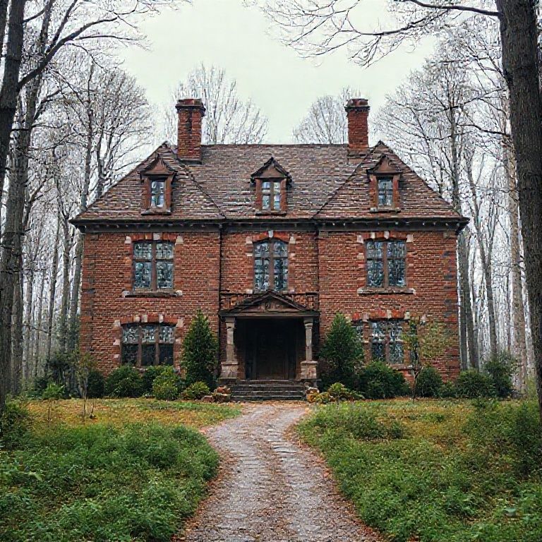 A brick mansion in the middle of no where in the woods.