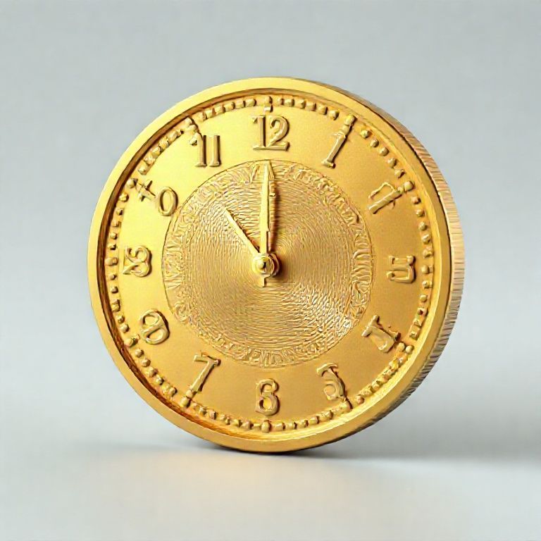 A 3d image of a gold coin depicting a clock face reading a clock face reading the time at four twenty