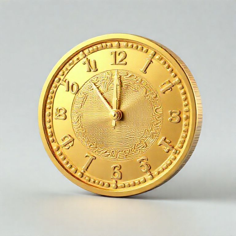 A 3d image of a gold coin depicting a clock face reading the time at four twenty