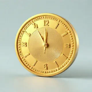 A 3d image of a gold coin depicting a clock face reading the time at four twenty pm