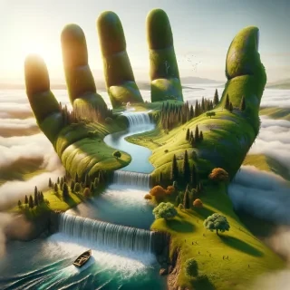A surreal, dreamlike landscape where a giant anatomical correct hand rises from the ground. The hand is detailed with lush grass and miniature trees on the surface. A crystal-clear river flows through the palm, cascading down in a waterfall at the edge of the hand. A small boat floats on the river below. Misty horizon. Amazingly detailed, colossal scale, ultra-realistic, photorealistic details, hyper-detailed, natural lighting, cinematic quality, sharp focus, real-world textures, high dynamic range (HDR).